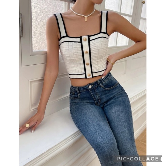 Jackie O Inspired Classy Luxe Black & White Button Front Detail Crop Top - Picture 2 of 5